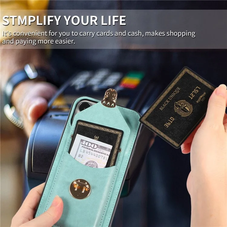 Handyabdeckung Für Iphone 14 Pro 6.1 Zoll, PU Leder+tpu Cash Coin Card Holder Kickstand Telefonhülle Mit Schultergurt - Grün