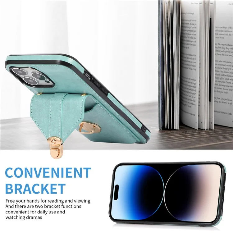 Handyabdeckung Für Iphone 14 Pro 6.1 Zoll, PU Leder+tpu Cash Coin Card Holder Kickstand Telefonhülle Mit Schultergurt - Grün