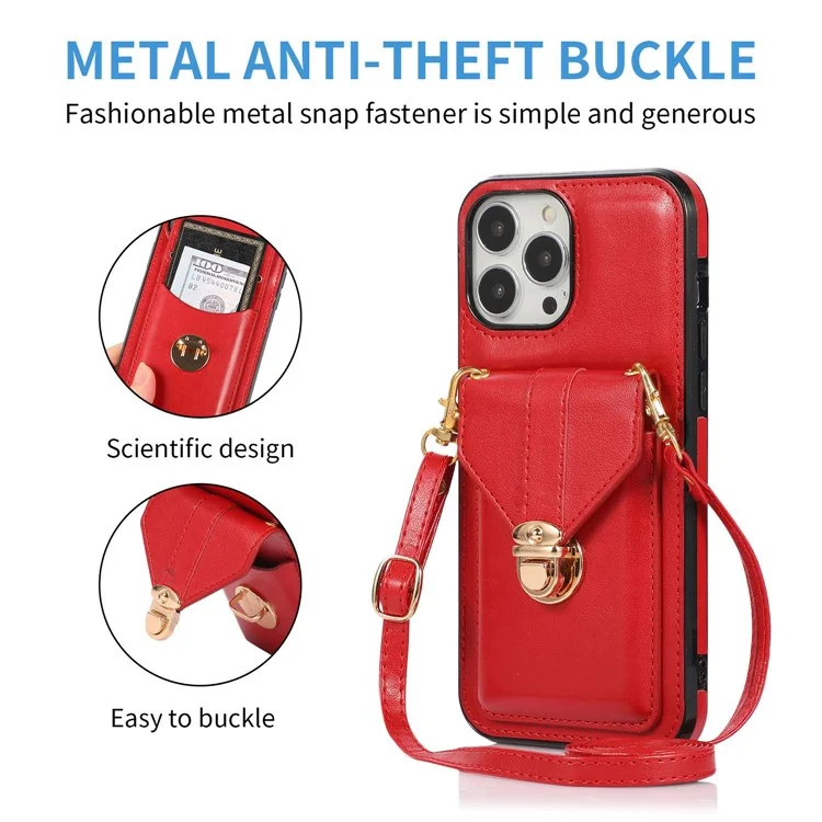 For iPhone 14 Pro Max 6.7 inch Phone Pouch Shoulder Bag Anti-scratch PU Leather+TPU Kickstand Phone Case - Red
