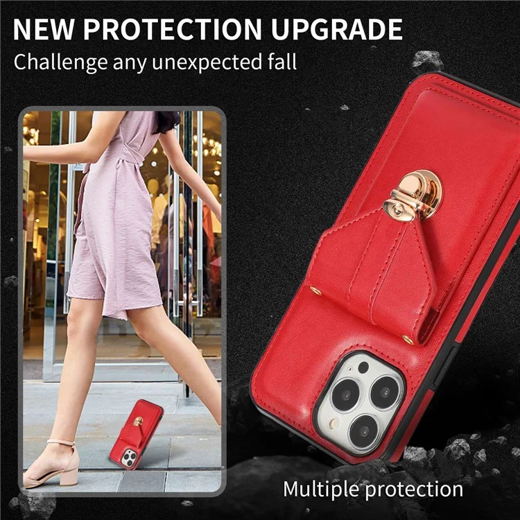 For iPhone 14 Pro Max 6.7 inch Phone Pouch Shoulder Bag Anti-scratch PU Leather+TPU Kickstand Phone Case - Red