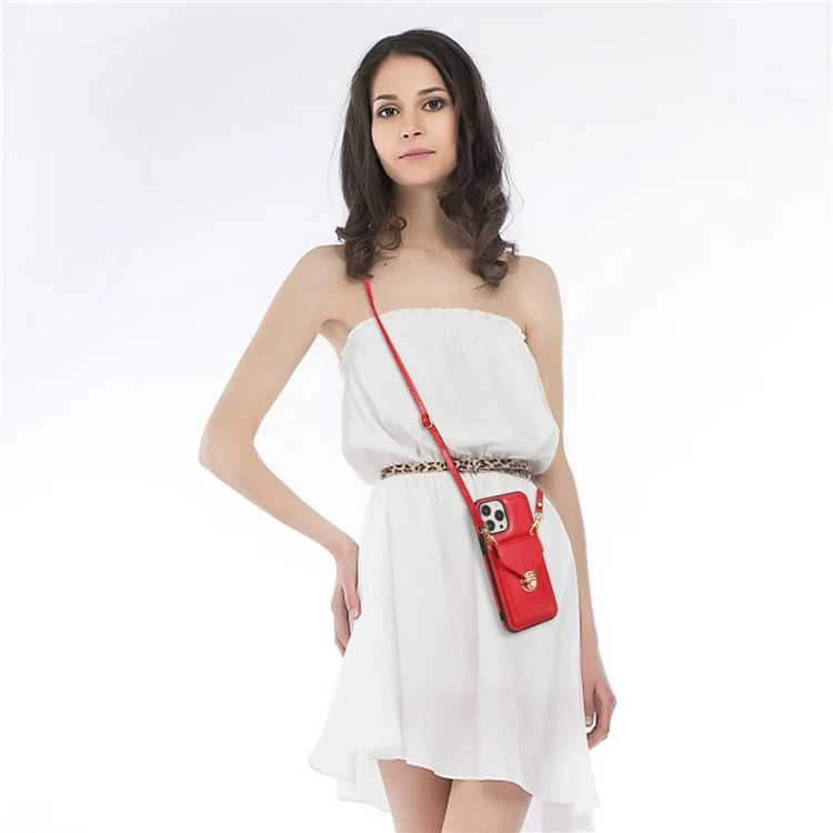 For iPhone 14 Pro Max 6.7 inch Phone Pouch Shoulder Bag Anti-scratch PU Leather+TPU Kickstand Phone Case - Red
