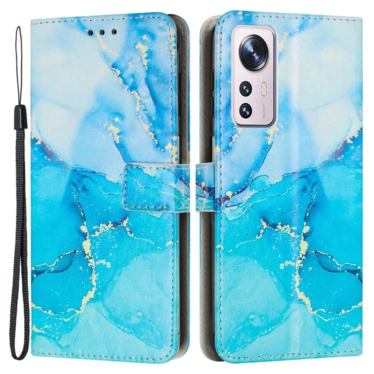 Wallet Phone Case for Xiaomi 12 Lite 5G Protective Case Marble Pattern Printing Shockproof Cover with Stand - Blue / Green