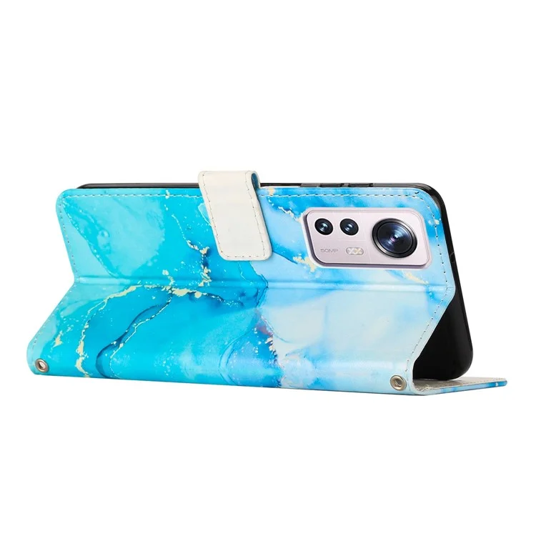 Wallet Phone Case for Xiaomi 12 Lite 5G Protective Case Marble Pattern Printing Shockproof Cover with Stand - Blue / Green