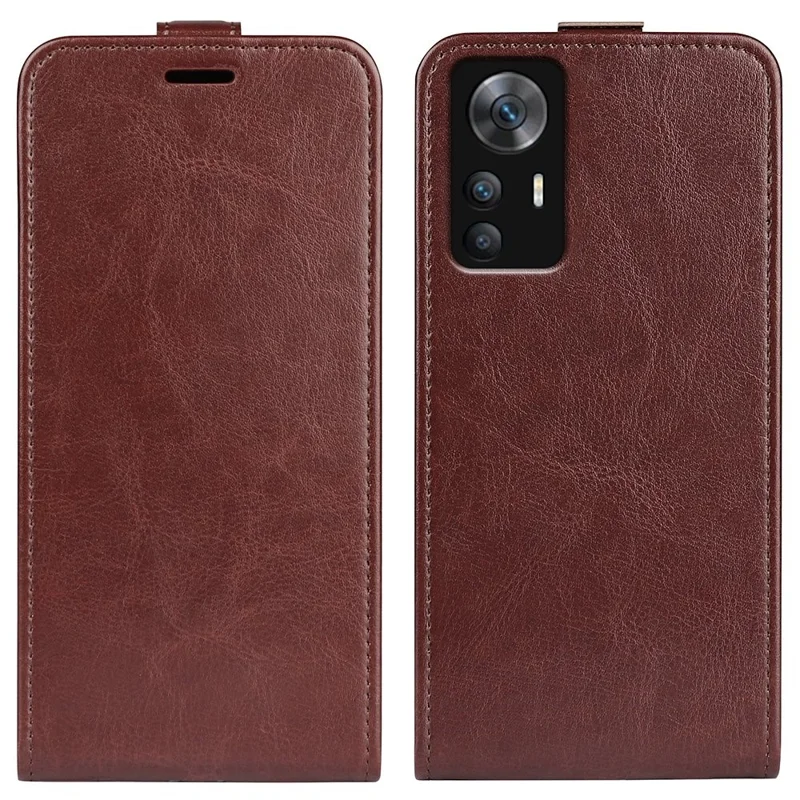 Para Xiaomi Redmi K50 Ultra 5G Flip Vertical Crazy Horse Textura Caja de Teléfono PU TPU Cubierta de Protección Completa Con Soporte de Tarjeta - Marrón