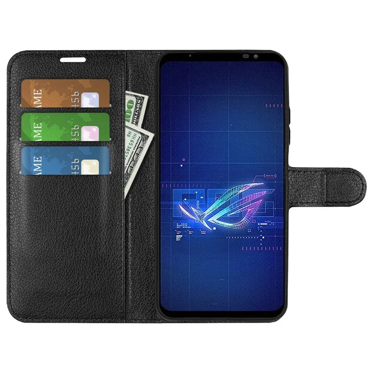 For Asus ROG Phone 6 5G Anti-wear Litchi Texture Flip Phone Case Well-protected PU Leather Wallet Stand Feature Cover - Black