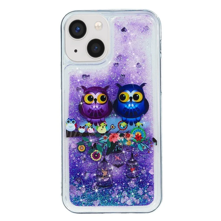 For iPhone 14 6.1 inch Quicksand Glitter Cell Phone Case  Soft TPU Shockproof Pattern Printing Cover - Owls
