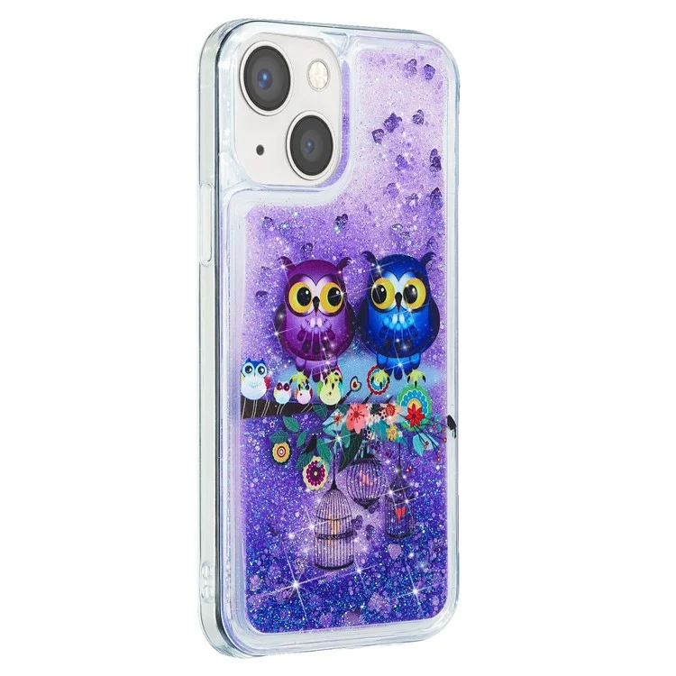 For iPhone 14 6.1 inch Quicksand Glitter Cell Phone Case  Soft TPU Shockproof Pattern Printing Cover - Owls