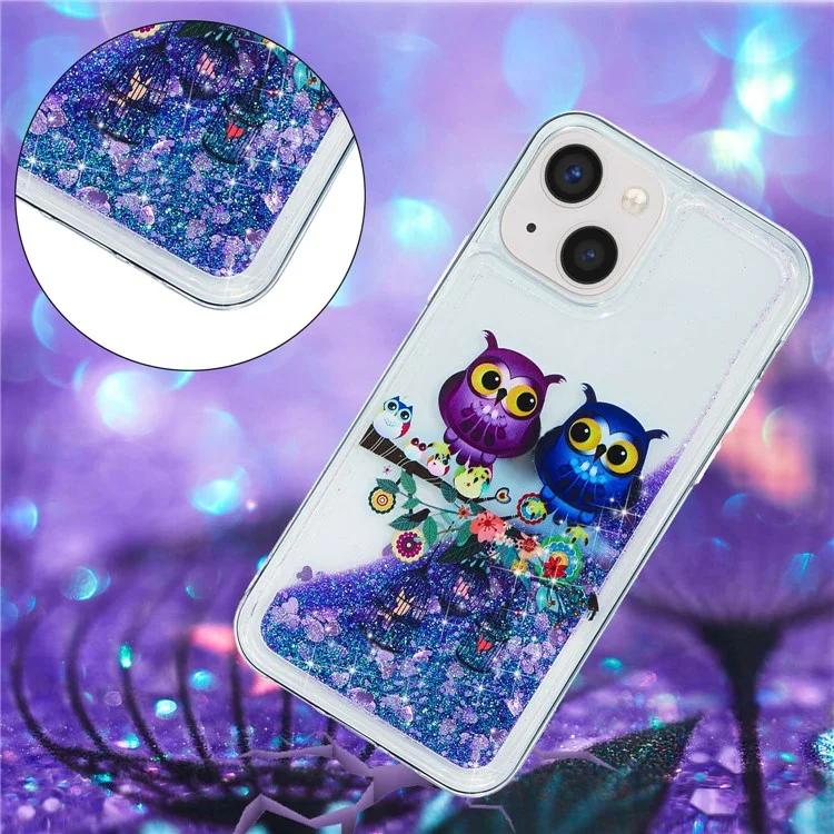 For iPhone 14 6.1 inch Quicksand Glitter Cell Phone Case  Soft TPU Shockproof Pattern Printing Cover - Owls