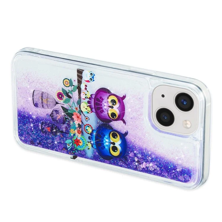For iPhone 14 6.1 inch Quicksand Glitter Cell Phone Case  Soft TPU Shockproof Pattern Printing Cover - Owls