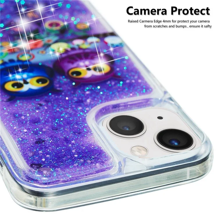 For iPhone 14 6.1 inch Quicksand Glitter Cell Phone Case  Soft TPU Shockproof Pattern Printing Cover - Owls