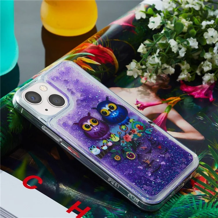 For iPhone 14 6.1 inch Quicksand Glitter Cell Phone Case  Soft TPU Shockproof Pattern Printing Cover - Owls