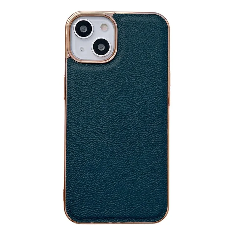 Back Cover for iPhone 13 6.1 inch, Genuine Cowhide Leather+TPU Electroplating Protective Phone Case - Green