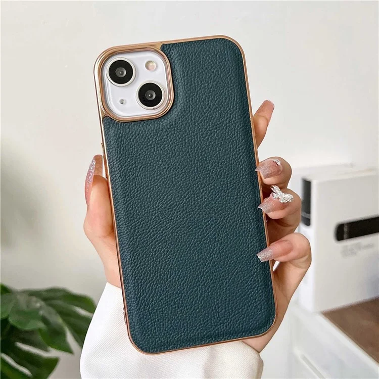 Back Cover for iPhone 13 6.1 inch, Genuine Cowhide Leather+TPU Electroplating Protective Phone Case - Green