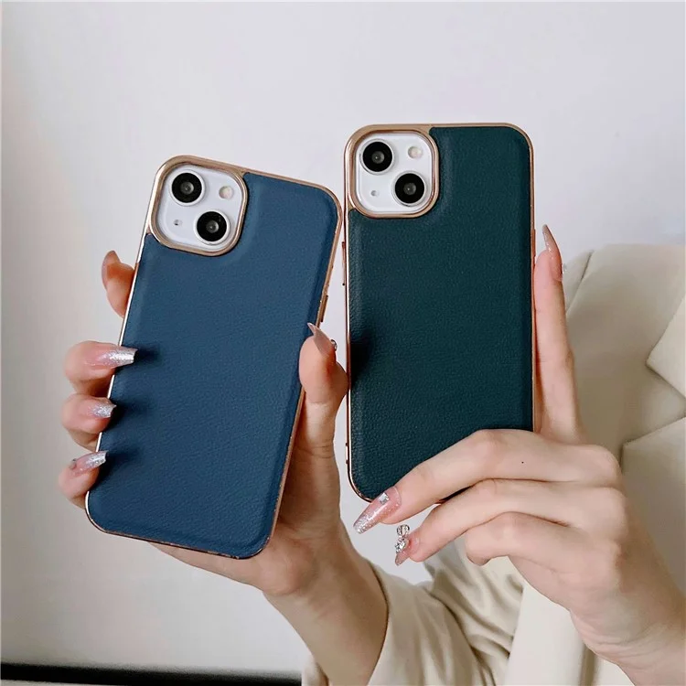 Back Cover for iPhone 13 6.1 inch, Genuine Cowhide Leather+TPU Electroplating Protective Phone Case - Green