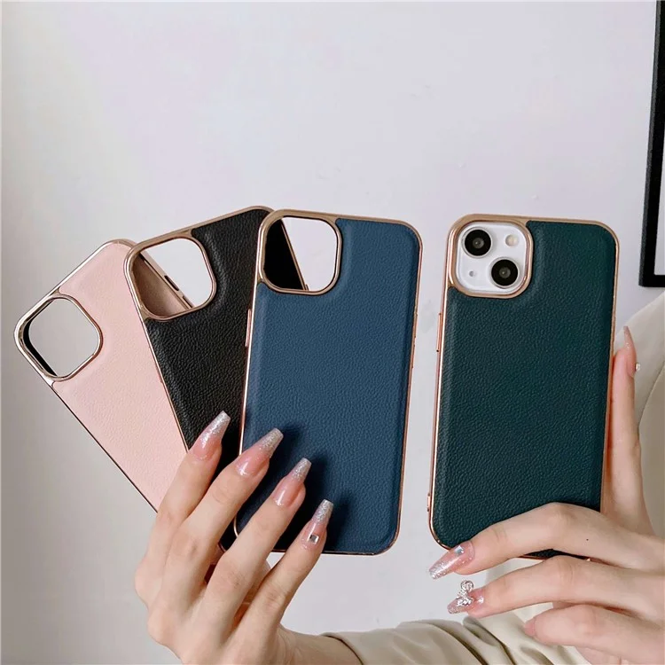 Back Cover for iPhone 13 6.1 inch, Genuine Cowhide Leather+TPU Electroplating Protective Phone Case - Green