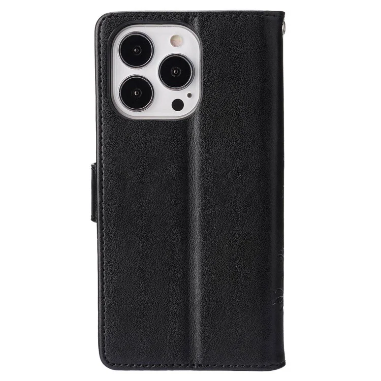 Per Iphone 14 Pro Max 6,7 Pollici Farfalle Impronte Farfalle PU Flip Portafoglio Flip Case Coperchio Telefonico Anti-caduta Con Cinturino - Nero