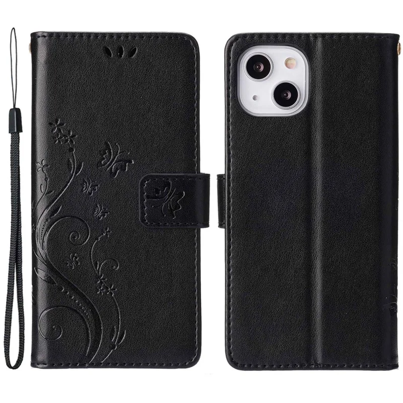 For iPhone 14 6.1 inch Shockproof PU Leather Phone Case Imprinted Butterflies Wallet Stand Phone Cover - Black