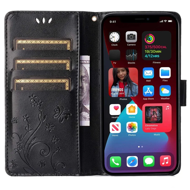 For iPhone 14 6.1 inch Shockproof PU Leather Phone Case Imprinted Butterflies Wallet Stand Phone Cover - Black