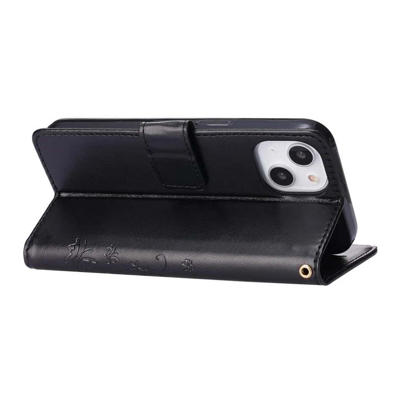 For iPhone 14 6.1 inch Shockproof PU Leather Phone Case Imprinted Butterflies Wallet Stand Phone Cover - Black