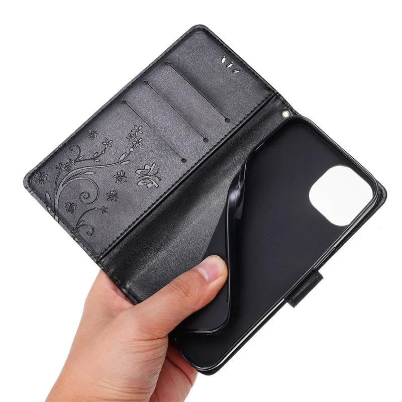 For iPhone 14 6.1 inch Shockproof PU Leather Phone Case Imprinted Butterflies Wallet Stand Phone Cover - Black