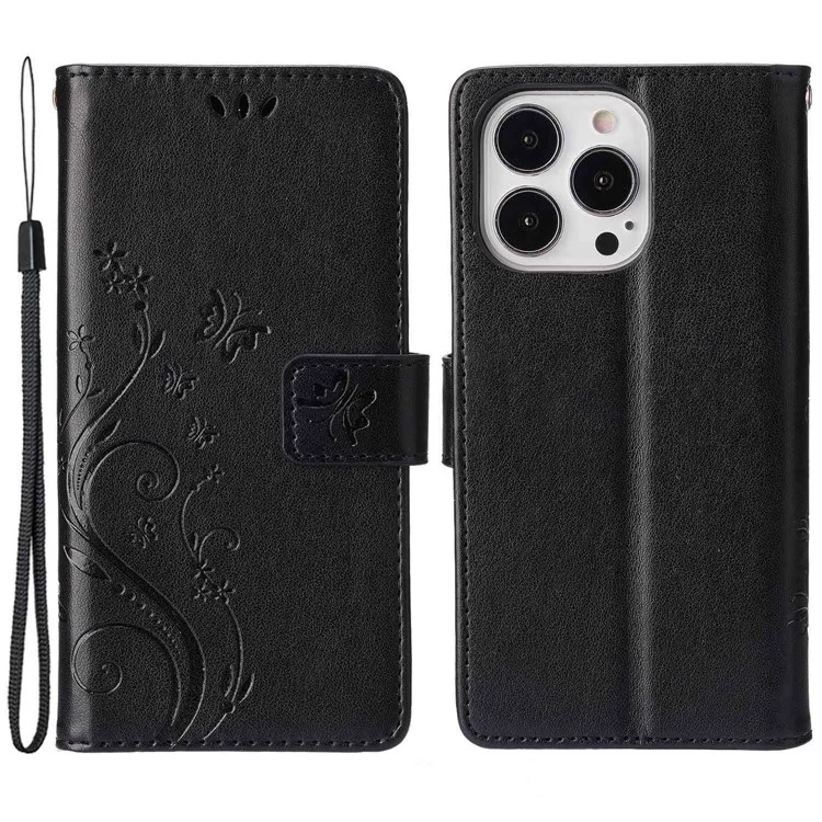 Pour Iphone 14 Pro 6,1 Pouces Case de Téléphone Pillons Imprimés Protection Complète pu en Cuir Porte-couvercle Avec Sangle - le Noir