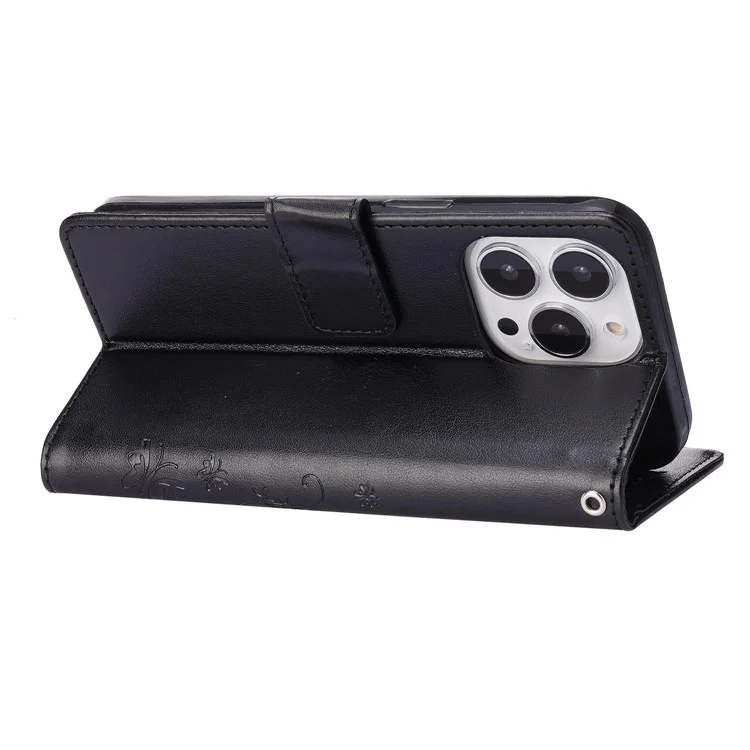 Pour Iphone 14 Pro 6,1 Pouces Case de Téléphone Pillons Imprimés Protection Complète pu en Cuir Porte-couvercle Avec Sangle - le Noir