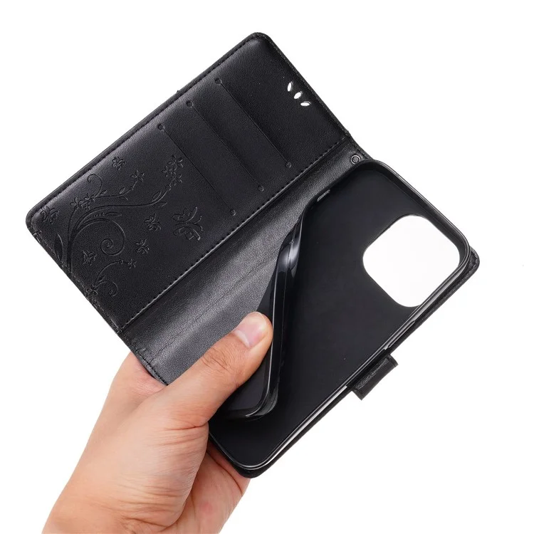 Pour Iphone 14 Pro 6,1 Pouces Case de Téléphone Pillons Imprimés Protection Complète pu en Cuir Porte-couvercle Avec Sangle - le Noir