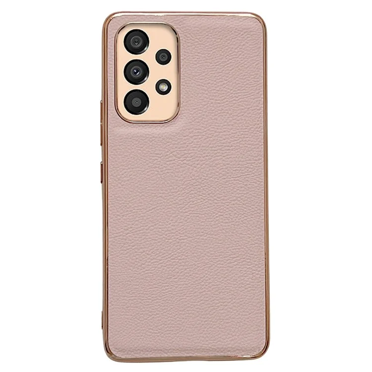 For Samsung Galaxy A53 5G Shockproof Case Electroplating TPU Phone Cover Coated with Cowhide Leather - Pink
