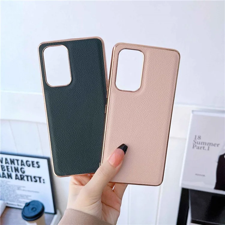 For Samsung Galaxy A53 5G Shockproof Case Electroplating TPU Phone Cover Coated with Cowhide Leather - Pink