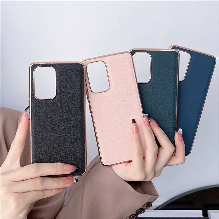 For Samsung Galaxy A53 5G Shockproof Case Electroplating TPU Phone Cover Coated with Cowhide Leather - Pink