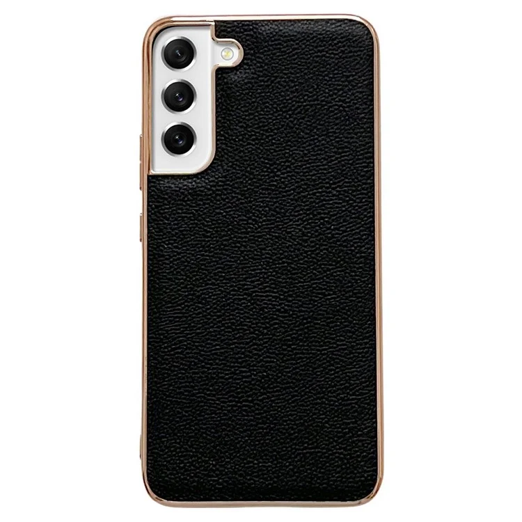 For Samsung Galaxy S22 5G Anti-fall Phone Case Cowhide Leather+TPU Electroplating Scratch Resistant Phone Cover - Black