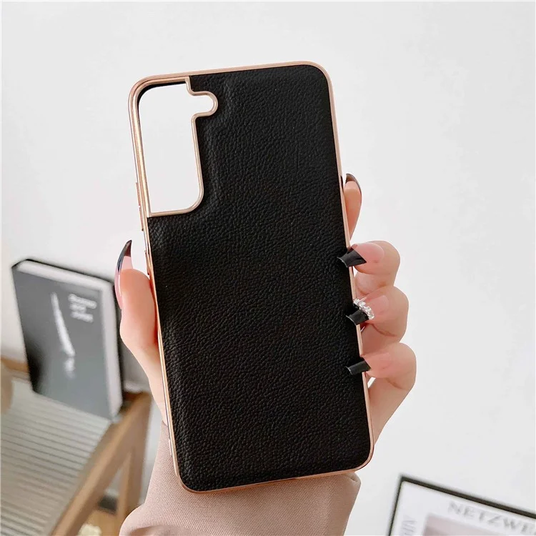 For Samsung Galaxy S22 5G Anti-fall Phone Case Cowhide Leather+TPU Electroplating Scratch Resistant Phone Cover - Black