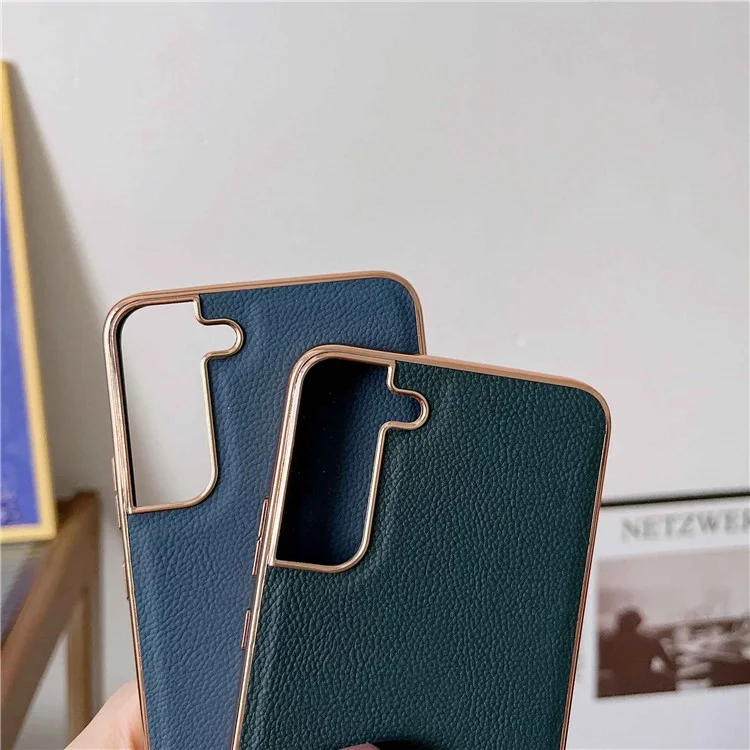 For Samsung Galaxy S22 5G Anti-fall Phone Case Cowhide Leather+TPU Electroplating Scratch Resistant Phone Cover - Black