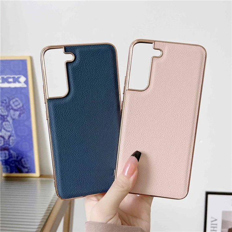 For Samsung Galaxy S22 5G Anti-fall Phone Case Cowhide Leather+TPU Electroplating Scratch Resistant Phone Cover - Black