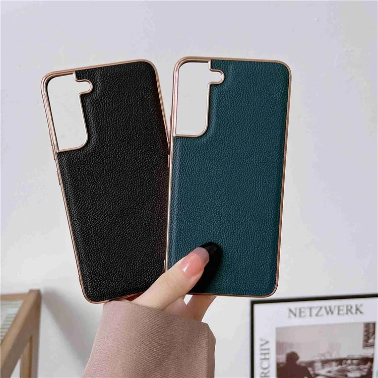For Samsung Galaxy S22 5G Anti-fall Phone Case Cowhide Leather+TPU Electroplating Scratch Resistant Phone Cover - Black