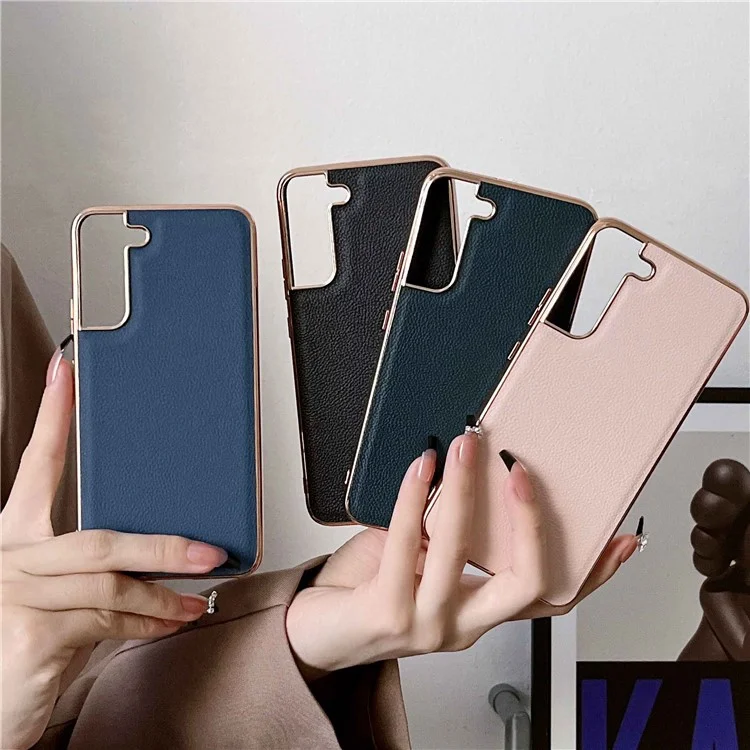 For Samsung Galaxy S22 5G Anti-fall Phone Case Cowhide Leather+TPU Electroplating Scratch Resistant Phone Cover - Black