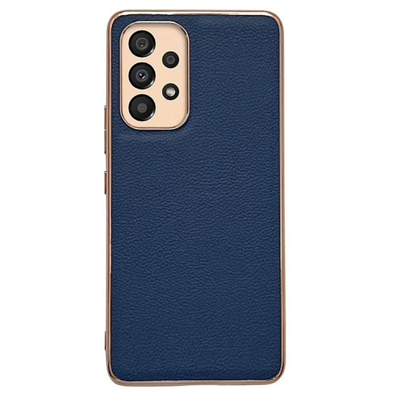 For Samsung Galaxy A33 5G Phone Case Genuine Cowhide Leather+TPU Electroplating Shockproof Phone Cover - Blue