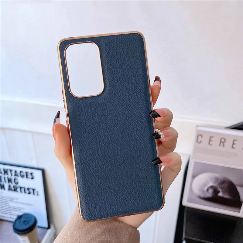 For Samsung Galaxy A33 5G Phone Case Genuine Cowhide Leather+TPU Electroplating Shockproof Phone Cover - Blue