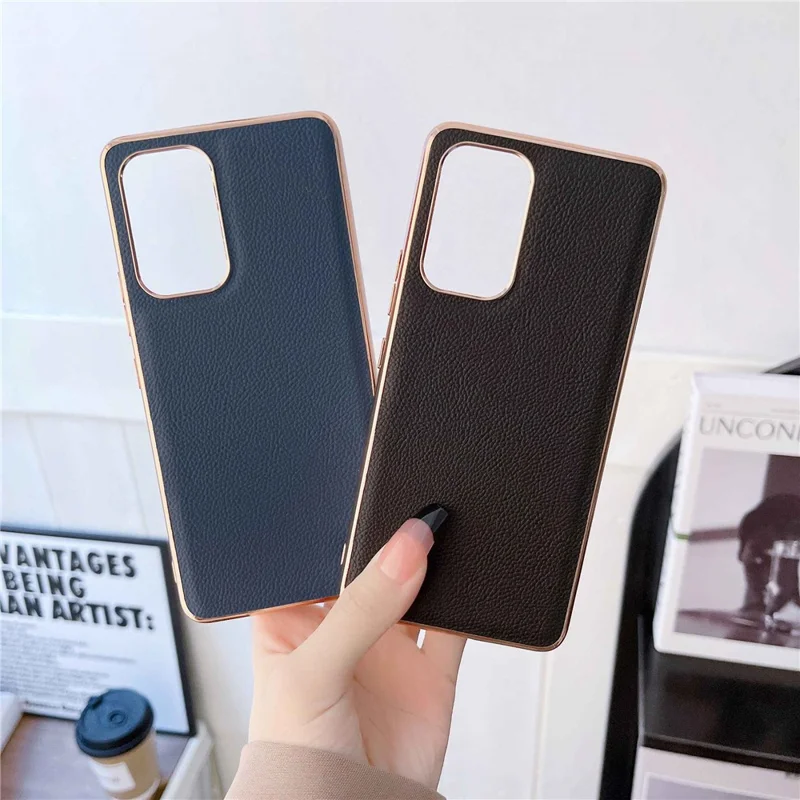 For Samsung Galaxy A33 5G Phone Case Genuine Cowhide Leather+TPU Electroplating Shockproof Phone Cover - Blue