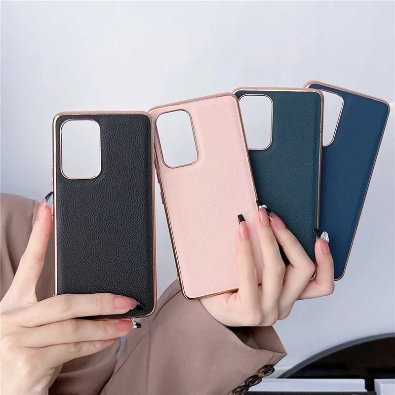 For Samsung Galaxy A33 5G Phone Case Genuine Cowhide Leather+TPU Electroplating Shockproof Phone Cover - Blue
