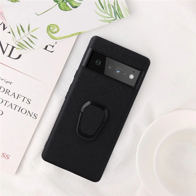 Para Google Pixel 6a Ultra Slim Anti-drop Phone Case PU Leather Hard PC Soft TPU Kickstand Ring Holder Protective Phone Cover - Cross Texture