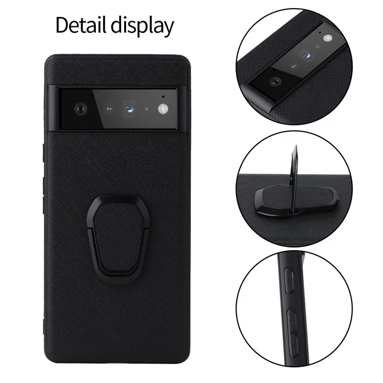 Para Google Pixel 6a Ultra Slim Anti-drop Phone Case PU Leather Hard PC Soft TPU Kickstand Ring Holder Protective Phone Cover - Cross Texture