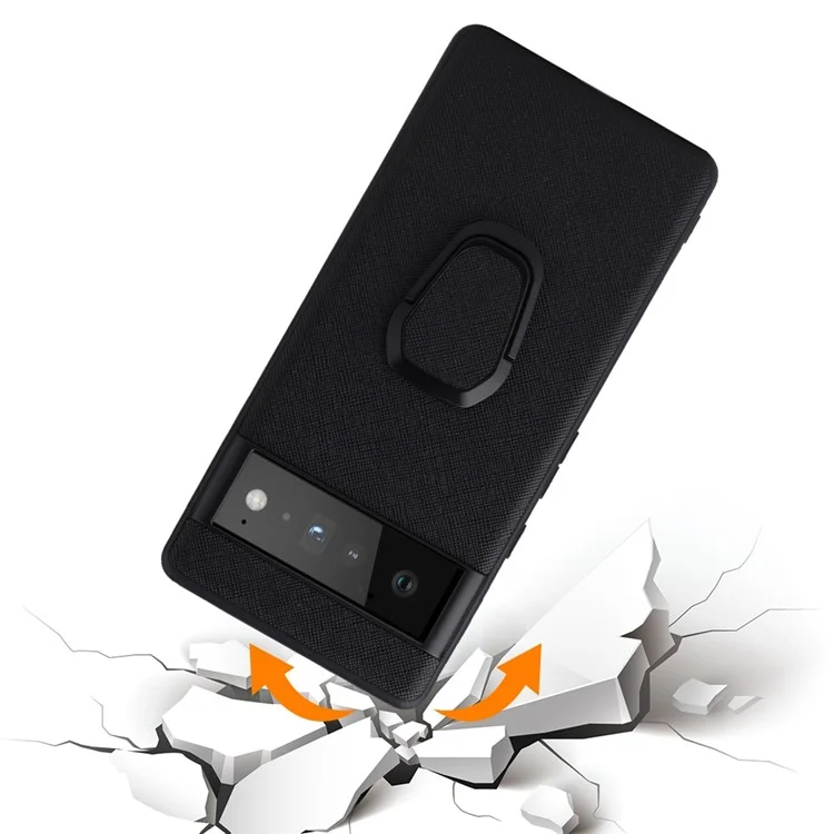 Para Google Pixel 6a Ultra Slim Anti-drop Phone Case PU Leather Hard PC Soft TPU Kickstand Ring Holder Protective Phone Cover - Cross Texture