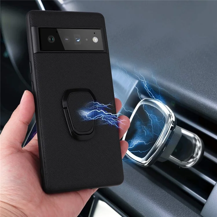 Para Google Pixel 6a Ultra Slim Anti-drop Phone Case PU Leather Hard PC Soft TPU Kickstand Ring Holder Protective Phone Cover - Cross Texture