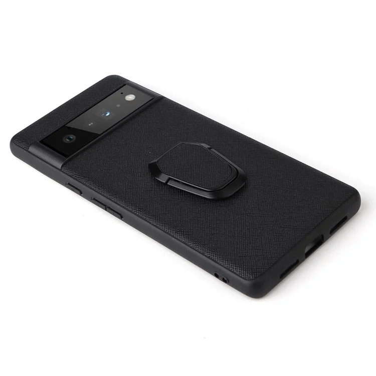 Para Google Pixel 6a Ultra Slim Anti-drop Phone Case PU Leather Hard PC Soft TPU Kickstand Ring Holder Protective Phone Cover - Cross Texture