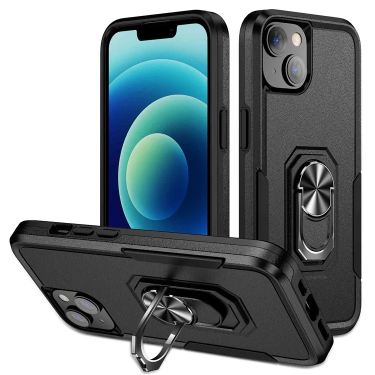 For iPhone 14 6.1 inch Shockproof Case PC + TPU Anti-Scratch Slim Cover Anti-Drop Phone Case with Kickstand - Black