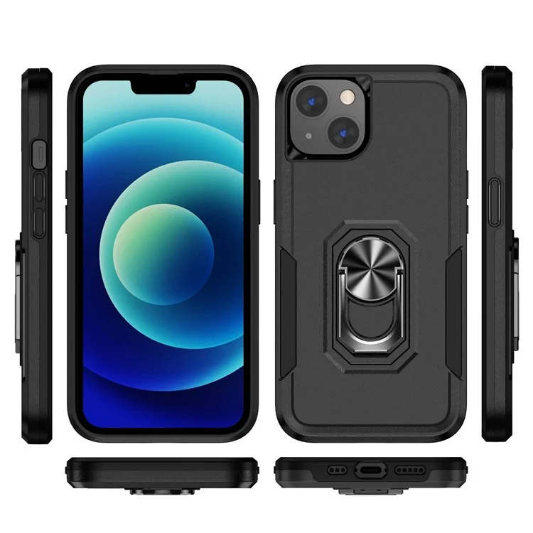 For iPhone 14 6.1 inch Shockproof Case PC + TPU Anti-Scratch Slim Cover Anti-Drop Phone Case with Kickstand - Black
