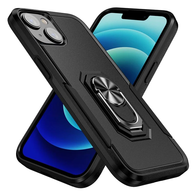 For iPhone 14 6.1 inch Shockproof Case PC + TPU Anti-Scratch Slim Cover Anti-Drop Phone Case with Kickstand - Black