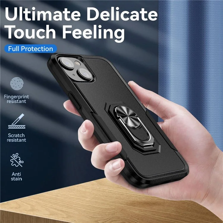 For iPhone 14 6.1 inch Shockproof Case PC + TPU Anti-Scratch Slim Cover Anti-Drop Phone Case with Kickstand - Black