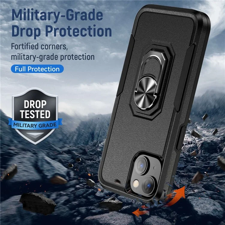 For iPhone 14 6.1 inch Shockproof Case PC + TPU Anti-Scratch Slim Cover Anti-Drop Phone Case with Kickstand - Black